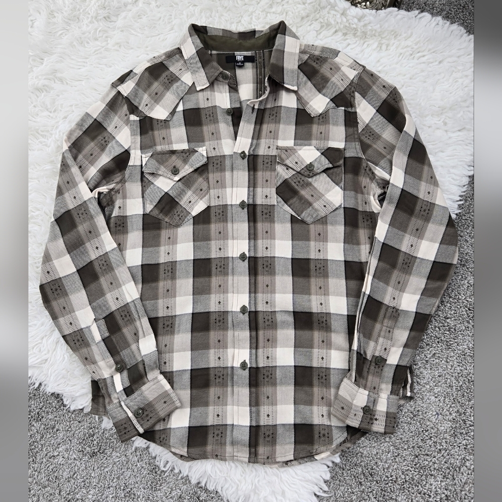 Frye Cotton Jacquard Dusky Green  Button Down Flannel Shirt. Size Medium. Good p